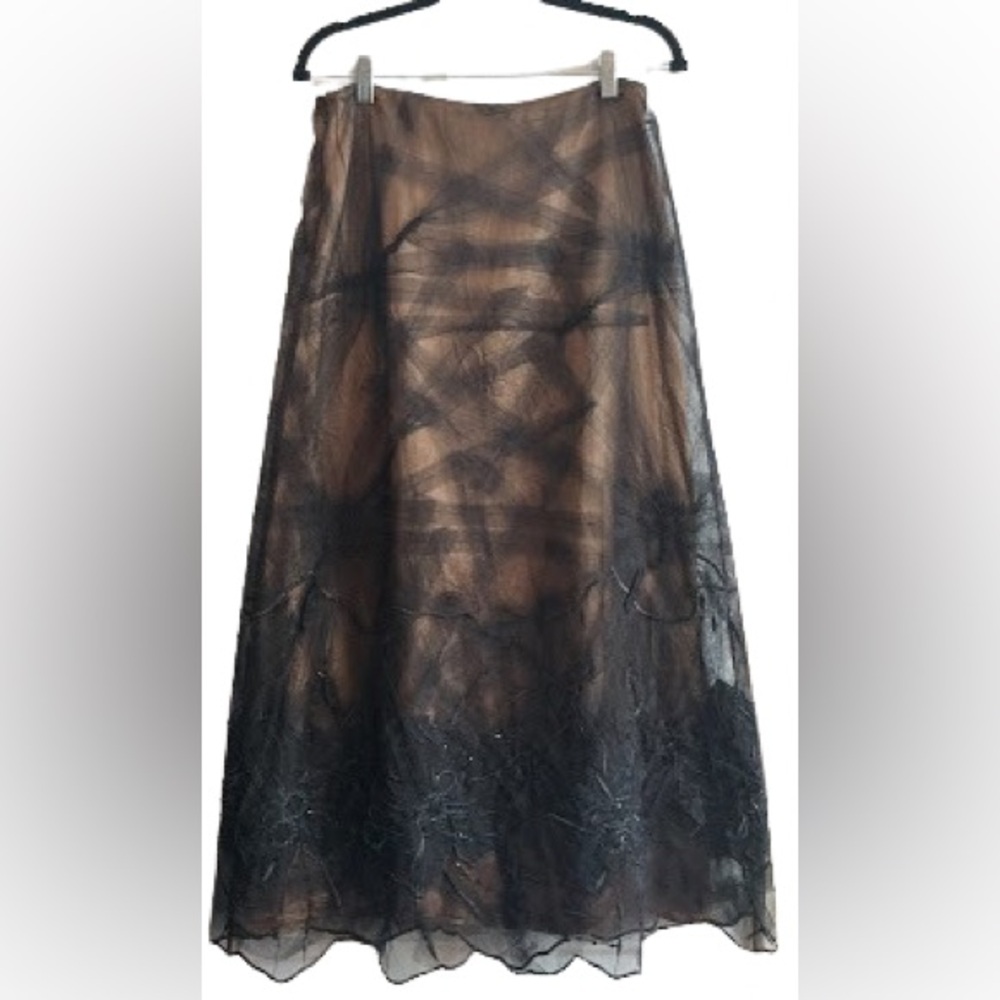 Simon Chang Black Mesh Embroidered Maxi Skirt - Bronze Lining - Size 6